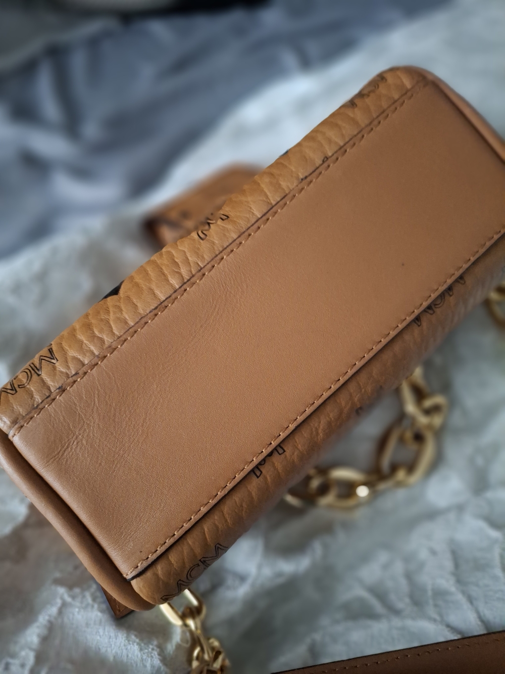MCM Cognac Visetos Leather Chain Shoulder Bag, Small Coin Purse Attached - Picture 4 of 10